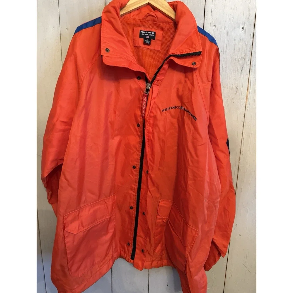 Vintage Polo Jeans Ralph Lauren  Rain Outerwear Jacket Hooded 67 Stripe Sz-XL O2